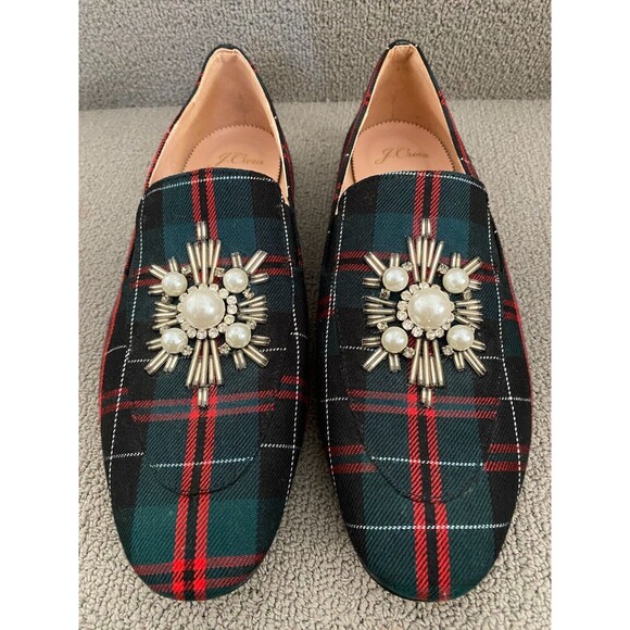 J. Crew Womens Jamie Tartan Plaid Pearl Red Green Embellished Loafer Size 8.5 - Picture 2 of 10